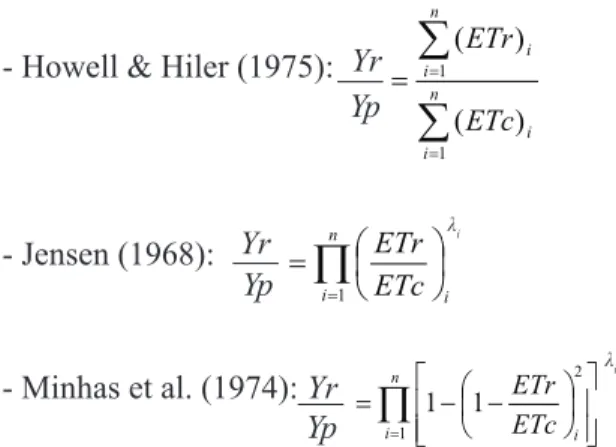 Table 1. Texture (sand, silt and clay), specific soil mass (ρ) and volumetric moisture content at field capacity (θ FC ) and permanent  wilting point (θ PWP ) averages, in the 1997/1998 and 2007/2008 cropping seasons, at different depths (Paranavaí, Paraná