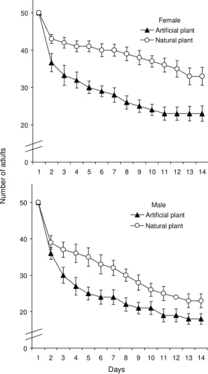 TABLE 2. Mean (±SEM) fresh body weight at adult emergence of  Nezara viridula  reared as nymphs on the artificial diet and on  imma-ture soybean pods in the laboratory in Londrina, PR [no