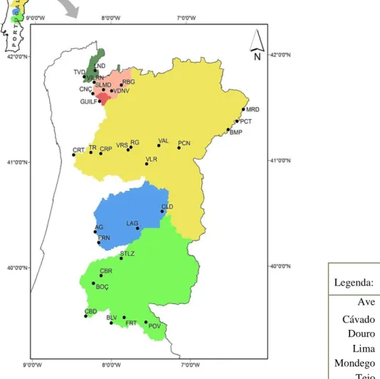 Figura 6 – Localização das 30 albufeiras e da sua distribuição pela bacia  hidrográfica: Ave, Cávado, Douro, Lima, Mondego e Tejo (adaptado de Cabecinha 