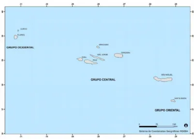 Figura 1 - Localização do Arquipélago dos Açores e distribuição por grupos de ilhas (dados CAOP 2014) 