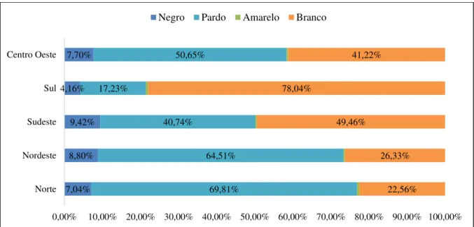 FIGURA 10 - Distribuição percentual de cor dos indivíduos da POF 2008-2009 pelas regiões brasileiras .