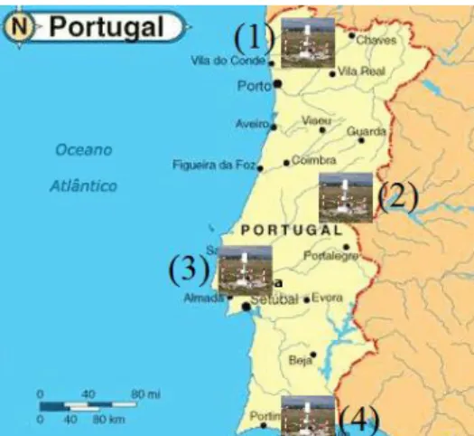 Figura 2.8 – Localização geográfica dos 4 detetores de DEA da rede LDN do IPMA: (1) Braga, (2)  Castelo Branco, (3) Alverca e (4) Olhão (Sousa, 2013).
