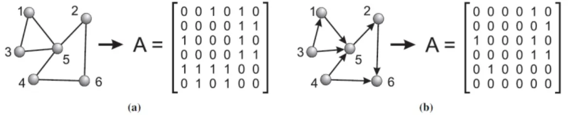 Figura 3.1: Representação gráfica de uma rede complexa: Em (a) temos uma rede não dirigida, onde os elementos a ij da matriz são iguais a 1 se há uma conexão entre os vértices, i e j igual a zero, caso contrário