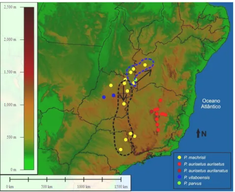 Figura  6.  Mapa  do  leste  do  Brasil  mostrando  a  distribuição  das  populações  contidas nos clados 1-2 (azul) e 1-8 (preto) e os possíveis eventos de expansão  detectados pela NCPA