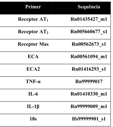 Tabela 1. Sequência dos primers utilizados no presente estudo.  Primer  Sequência  Receptor AT 1 Rn01435427_m1  Receptor AT 2 Rn005660677_s1  Receptor Mas  Rn00562673_s1  ECA  Rn00561094_m1  ECA2  Rn01416293_s1  TNF-α  Rn99999017  IL-6  Rn01410330_m1  IL-1