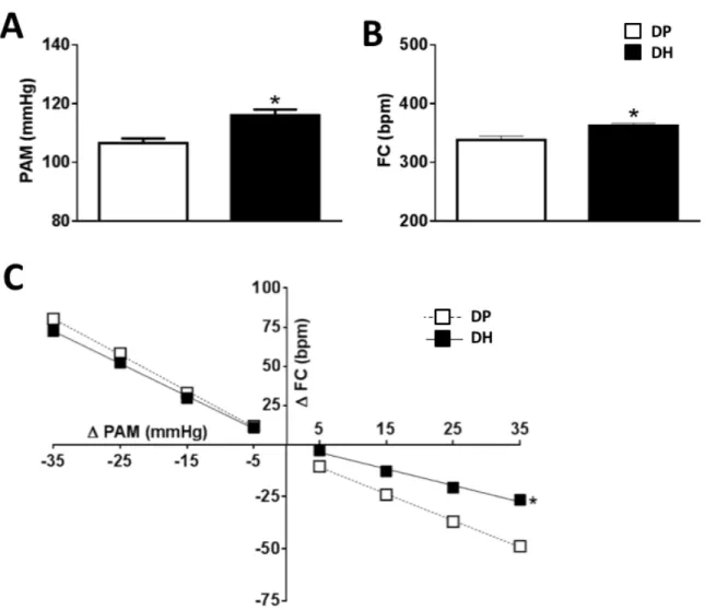 Figura 2. A) Pressão arterial média (PAM), B) frequência cardíaca (FC), e C) sensibilidade do  barorreflexo  em  ratos  alimentados  com  dieta  padrão  (DP)  ou  dieta  hiperlipídica  (DH)  por  6  semanas