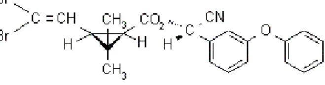 Figura 2 – Fórmula estrutural da deltametrina, (S)- (S)-α -ciano-3-fenoxibenzil   (1R,3R)-3-(2,2-dibromovinil)-2,2- dimetilciclopropanocarboxilato