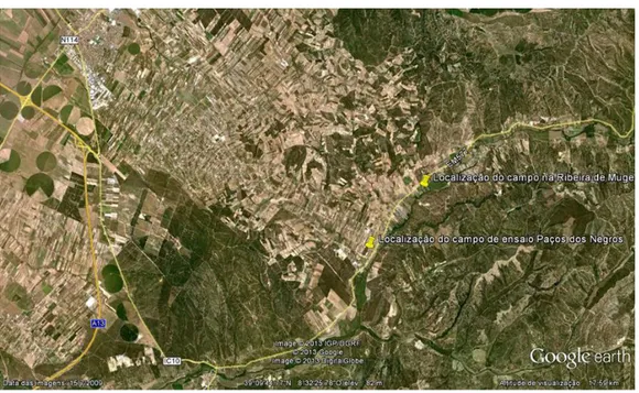 Figura 7 – Localização dos campos de ensaio na região de Almeirim  Fonte: Google Earth 