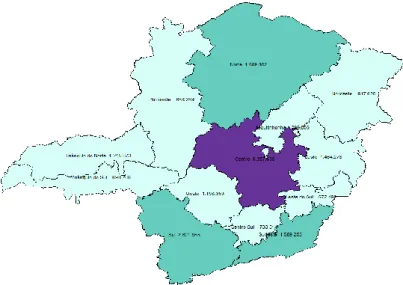 Figura 3 – Distribuição Espacial da População por Macrorregiões de Saúde,  Minas Gerais, 2009