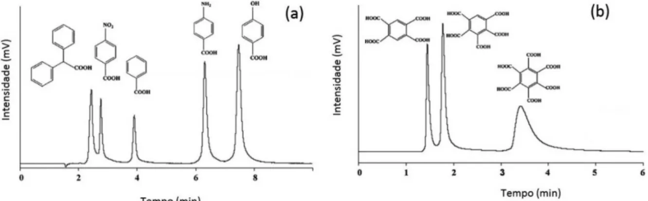 Figura 7. Separações de ácidos monocarboxílicos polares em (a) e separação de ácidos multi-carboxílicos em (b)