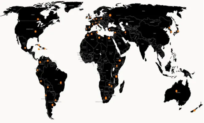 Mapa  1-  Países  com  casos  de  fasciolose  relatados  (pontos  laranja)  (adaptado,  dados  de  Esteban,  1998;  Mas- Mas-Coma, et al., 2005; Yilmaz e Godemerdan, 2004)