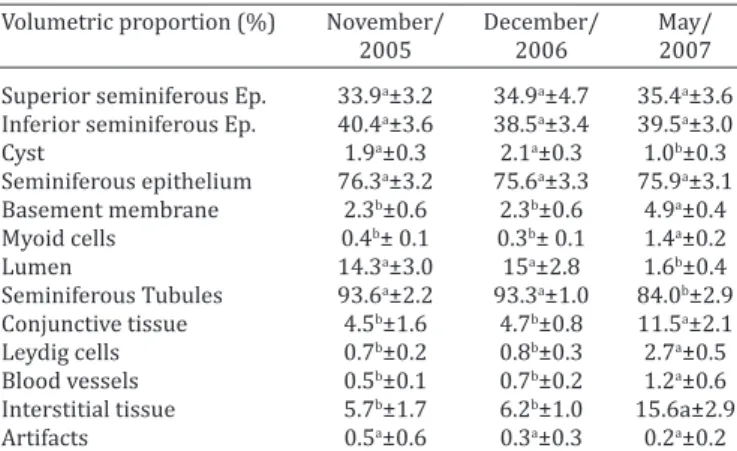 Table 3. Volumetric proportions (x±dp) of seminiferous  tubules of the Greater Rhea. Collections made in  November/2005, December/2006 and May/2007, 