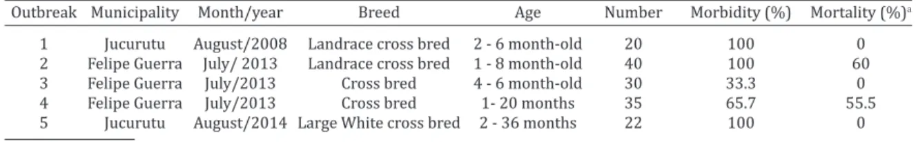 Table 1. Epidemiological data of swinepox outbreaks in backyard pigs in Rio Grande do Norte state, Brazil   Outbreak  Municipality  Month/year  Breed  Age  Number  Morbidity (%)  Mortality (%) a