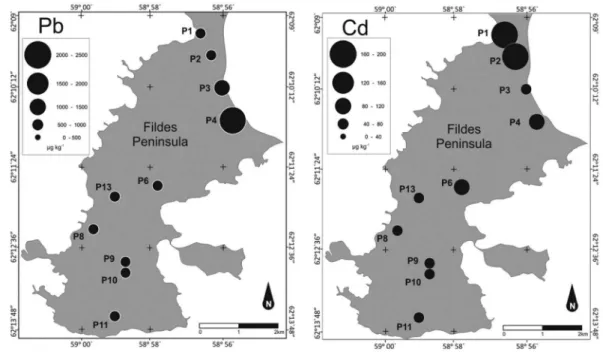 Figura 2. Distribuição da concentração de Pb e de Cd na Península Fildes - Antártica