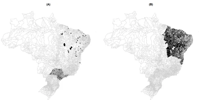 Figure 4 – Classification of HDI of cities in the states São Paulo and Northeastern region of Brazil where the cities classified in the second component are in black in (A) and cities classified in the first component are in black in (B).