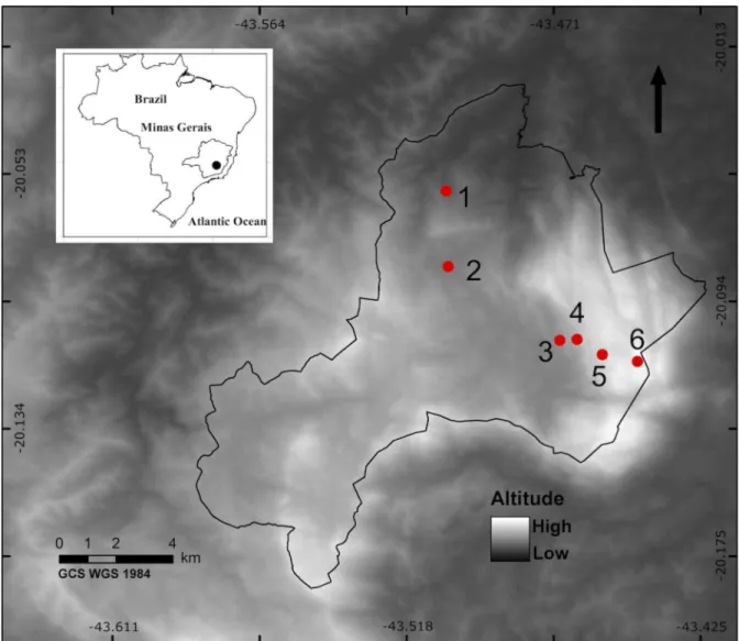 Fig 1. Location and distribution of sampling plots at RPPN Santua´rio do Carac¸a, Minas Gerais, Brazil
