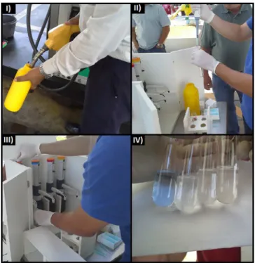 Figura 7. Validação do kit de análise em um posto de gasolina por agentes  da ANP e do programa interno de acompanhamento de qualidade “De Olho  no Combustível” da Petrobrás Distribuidora em que: I) coleta do combustível  direto da bomba de combustível no 