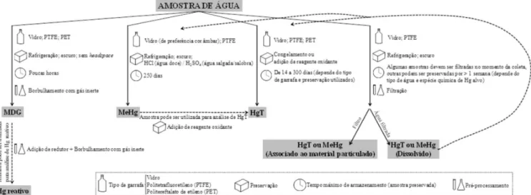 Figura 1. Resumo esquemático da metodologia que pode ser utilizada desde a coleta até o pré-processamento das amostras de água destinadas à análise das  espécies químicas denominadas como mercúrio dissolvido gasoso (MDG), mercúrio reativo (Hg reativo), met