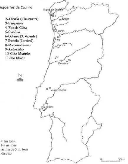 Figura 4.4. Localização geográfica dos caulinos em Portugal (Gomes, 1986). Depósitos de Caulino • &lt; 1m tons ◦ 1-5 m