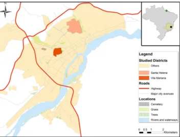 Figure 6.  City map of Governador Valadares created using ArcGIS V.10.0. The upper right inset shows the  location of the Minas Gerais State in Brazil, the city of Governador Valadares (black circle) and the isolation  site of the M2269 L