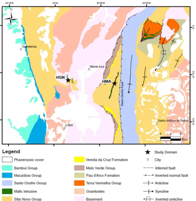 Figure 4.2 - Geologic map of the area showing the location of mafic bodies and the two domains of study (HMA  and HGN)