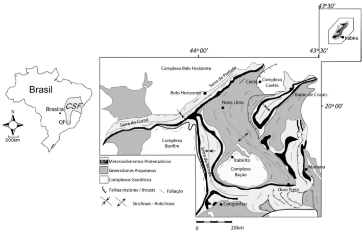 Figura  3.1: Mapa geológico do Quadrilátero Ferrífero (baseado em Dorr, 1969).  