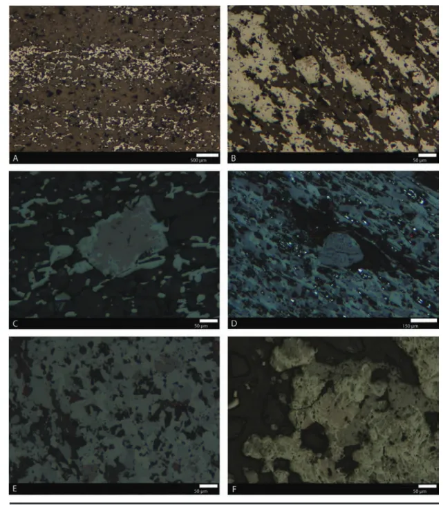 Figura  5.3:  A)  Bandamento  composicional  típico  dos  itabiritos  presentes  nas  formações  ferríferas  do  QF  mostrando  intercalações de bandas ricas em quartzo e bandas ricas em minerais de óxido de ferro (magnetita e hematita), sob luz refletida 