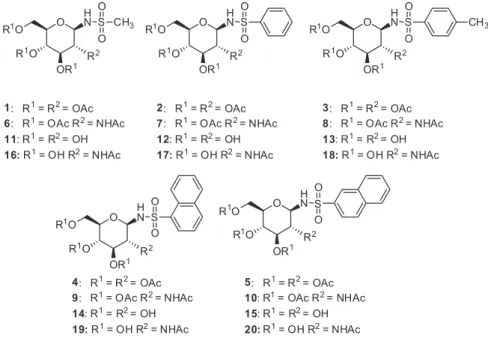 Figura 1. N-glicosilsulfonamidas derivadas de  D -glicose e N-acetilglicosamina O OHHO RHO OH 21 R = OH 22 R = NHAc a O OAcAcO OAcAcOOAc b