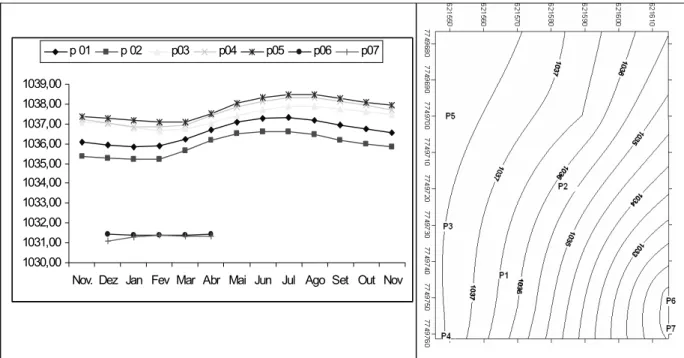 Figura 4 - (a)  Variação da cota do nível freático nos poços monitorados; (b) Posição média da superfície freática