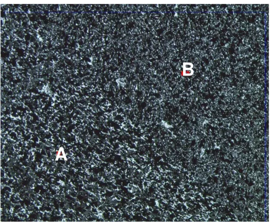 Figura 4.6 - Mostra a textura observada no MHF bandado, com bandas de hematita  lamelar (A), orientadas segundo S 0  e bandas de hematita granular (B) menos orientadas 