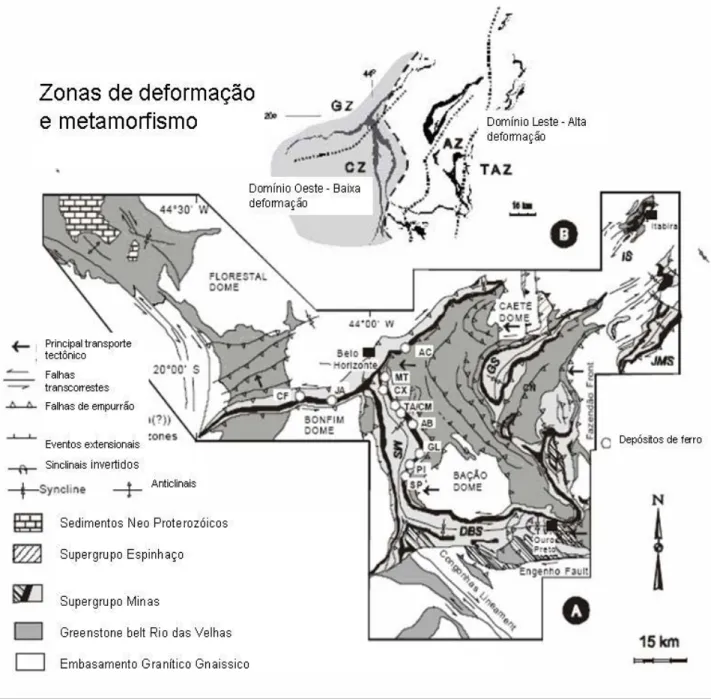 Figura 3.1 - Mapa geológico regional mostrando a localização da minas e as zonas de  metamorfismos