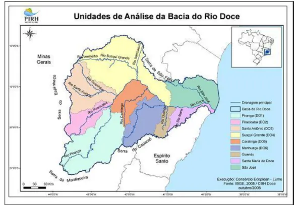 Figura 4.1 - Distribuição geográfica das sub-bacias que formam a bacia do Rio Doce. 