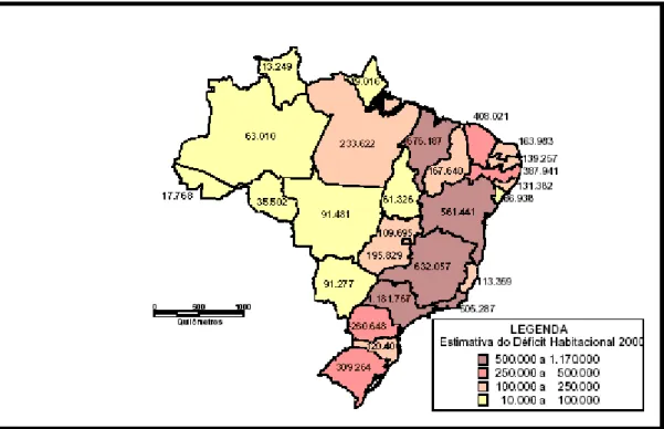 Figura 3.1 – Déficit Habitacional no Brasil, distribuído por Estados Brasileiros - 2000  Fonte: Fundação João Pinheiro, 2002