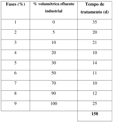 Tabela 5.8 – Relação percentual de efluente industrial e duração de fases. 