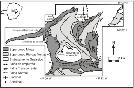 Figura 2.4  –  Mapa geológico do Quadrilátero Ferrífero com destaque ao centro para o Complexo do Bação  (adaptado de Door 1969).