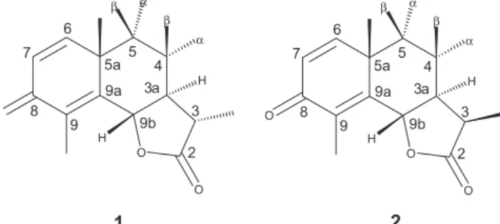 Figura 2. Estruturas da α-santonina (1) e da β-santonina (2)