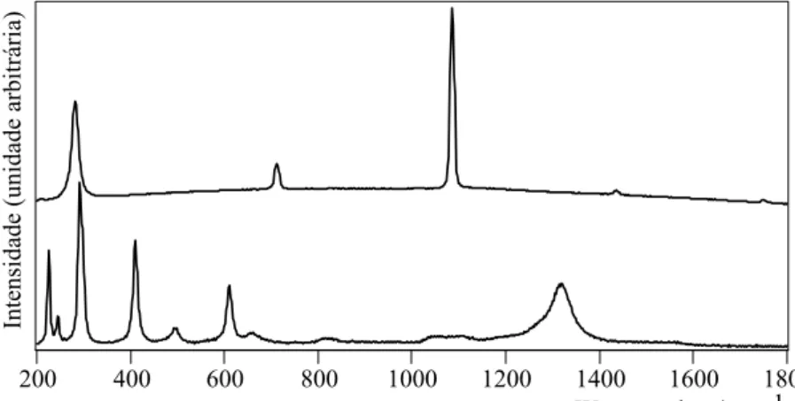 Figura 5.34 – Espectro FT-Raman característicos de um carbonato de cálcio (acima) e uma  hematita (abaixo)