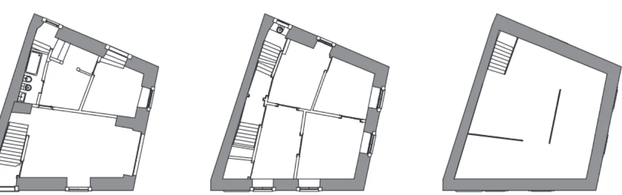 Figura 04.12 - Plantas do rés do chão, 1º andar e sótão, indicação das paredes resistentes a cinza