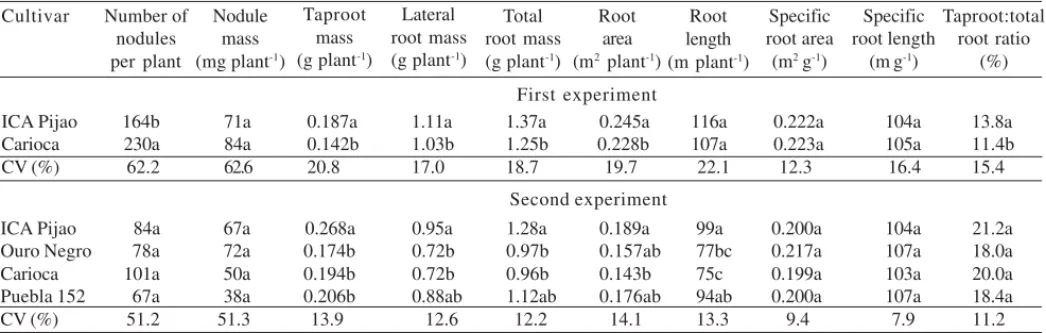 Table 2. Traits of root system of common bean cultivars evaluated in two experiments; root area and length were evaluated from two samples of the root system