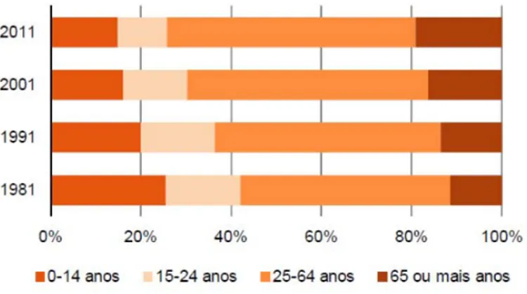 Gráfico 1 - Estrutura da população residente em Portugal por grupos etários em 1981, 1991, 2001 e 2011 (Fonte: 