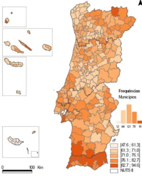 Gráfico 12 – Relação de masculinidade da população residente com 65 ou mais anos por município, 2011 (Fonte: 