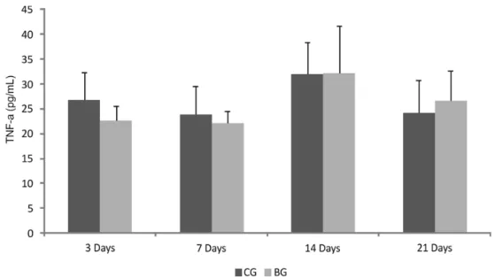 Fig.  9  Levels  of  TNF- α   cytokines  evaluated  in  the  serum  of  rats  undergoing  implantation of the Biosilicate ®  scaffolds in different experimental periods