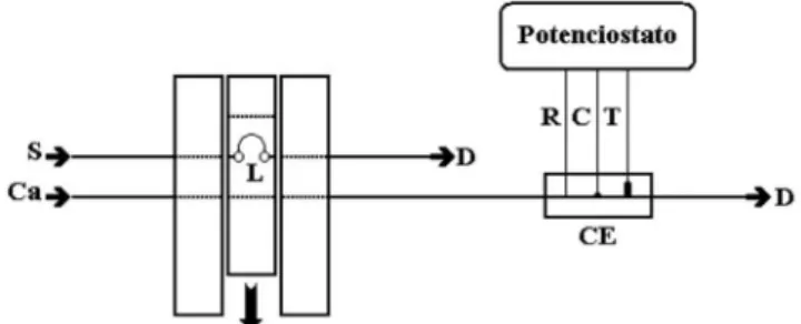 Figura 3. Esquema da cela utilizada nas medidas em sistema FIA. (1) Eletrodo  de trabalho (carbono grafite), (2) Eletrodo de referência (Ag/AgCl), (3) Contra  eletrodo (disco de Pt), (4) Bloco de resina poliuretana, (5) Tubo de polietileno