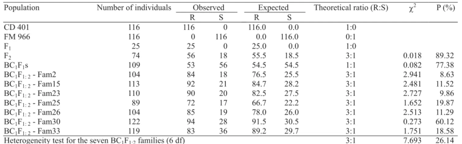 Table 1. Reaction of CD 401 and FM 966 cultivars, and of the generations F 1 , F 2 , BC 1 F 1  and BC 1 F 1:2  to the inoculation of cotton blue disease (CBD) agent, and adherence test (χ 2 ) of the inheritance of cotton plant resistance to CBD (1) .