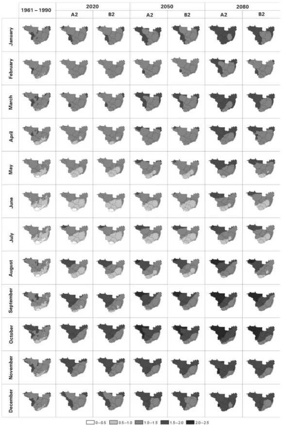 Figure 3. Maps of probable number of generations of coffee leaf miner (Leucoptera coffeella) on coffee plants, from January to December, for the climatological normal from 1961–1990 and future climates (2020, 2050, and 2080) in scenarios A2 and B2.