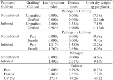 Table  1. Values  of  leaf  symptom  index,  disease  index  and  shoot  dry  weight  at  &#34; owering  of  eggplant  cultivars  grown  with  or  without  rootstock,  in  noninfested  or  infested  soil  with Verticillium dahliae and Meloidogyne incognita