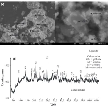Figura 3. Fotomicrografia e identificação mineralógica obtida por MEV-EDS  (a) e difratograma gerado pelo uso de difração de raios X (b) da amostra  de lama vermelha