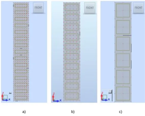 Figura 10 – Malhas de elementos finitos das paredes sem aberturas: a) parede de 15 pisos; b) parede de 10 a)                                           b)                                          c) 