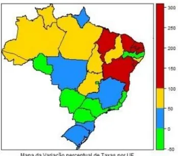 Figura 6: Variação em % das taxas de homicídios nas unidades federativas –  Brasil, 2004 a 2014 