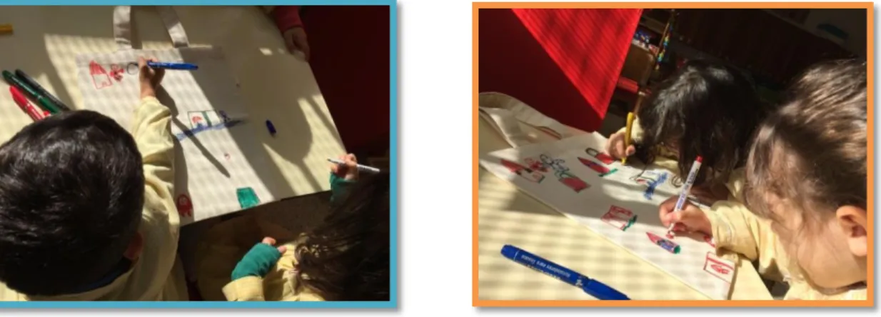 Figura 23 e Figura 24 – Crianças a decorarem o saco do projeto “Ler com a Família” 